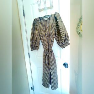 Blue and green gingham belted dress.